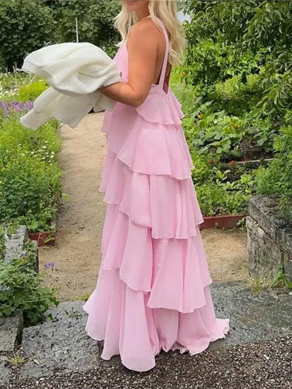 Süßes rosa Neckholder rückenfreies mehrlagiges Kuchen schmales elegantes Kleid 