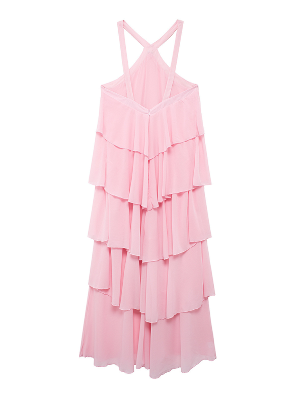 Sweet pink halter neck backless layered cake slim elegant dress