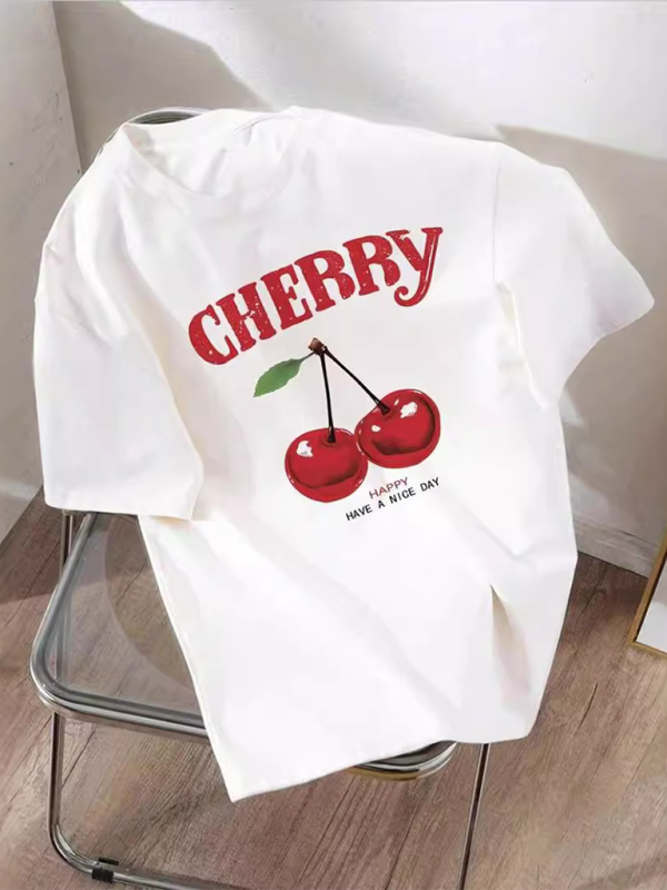 Oversized cherry print casual simple loose versatile white round neck short-sleeved T-shirt