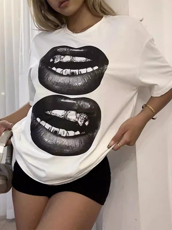 New Fashion Lip Printed Round Neck Short Sleeve T-Shirt