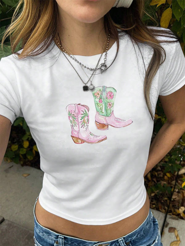 Y2K Boots Print Short Fashion Hot Girls T-Shirt