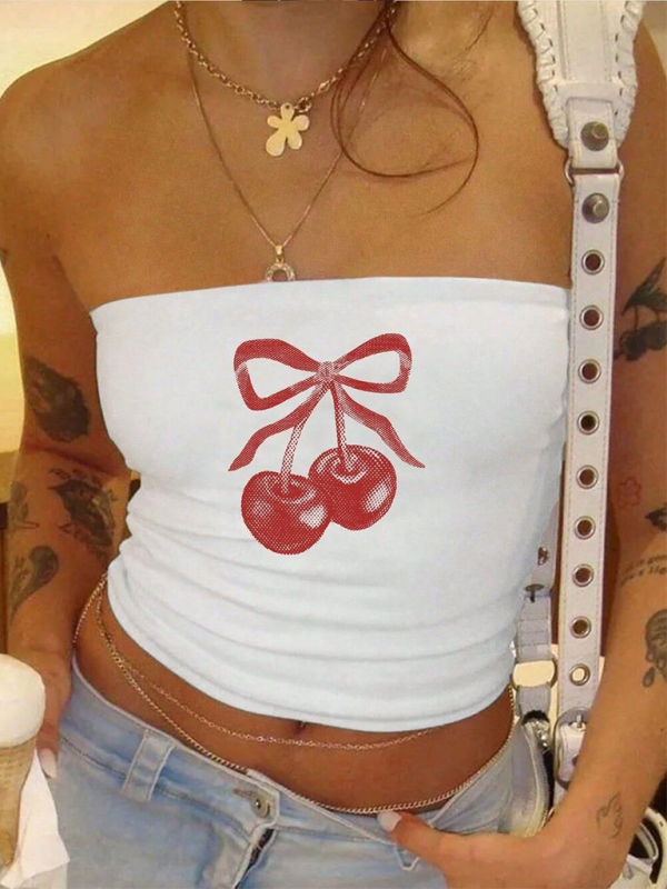 Sleeveless Tube Top with Cherry Print Y2K Top