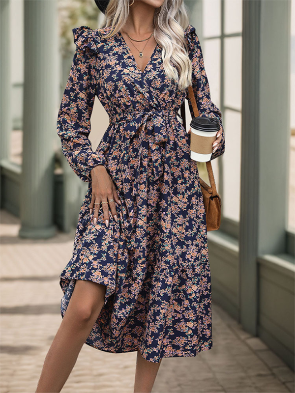 Ruffled long sleeve printed v-neck dress