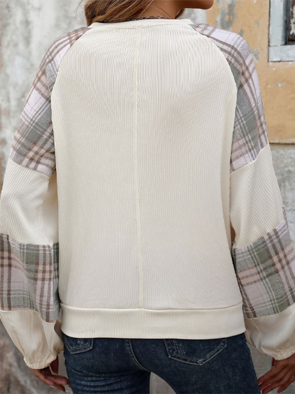 Plaid contrast color round neck stitching pullover loose casual sweatshirt