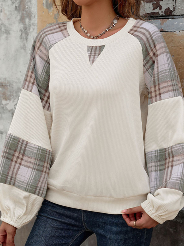 Plaid contrast color round neck stitching pullover loose casual sweatshirt