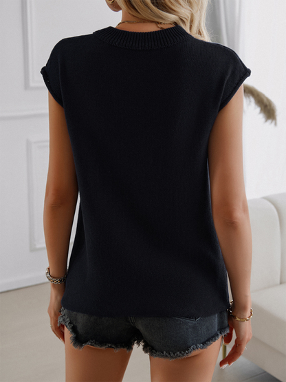 Casual Loose-fitting Crew Neck Contrast Flag Sleeveless Sweater