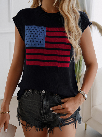 Casual Loose-fitting Crew Neck Contrast Flag Sleeveless Sweater