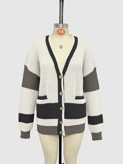 Knitted Jacket V-Neck Large Size Pocket Colorblock Cardigan Sweater