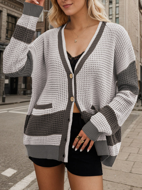 Knitted Jacket V-Neck Large Size Pocket Colorblock Cardigan Sweater