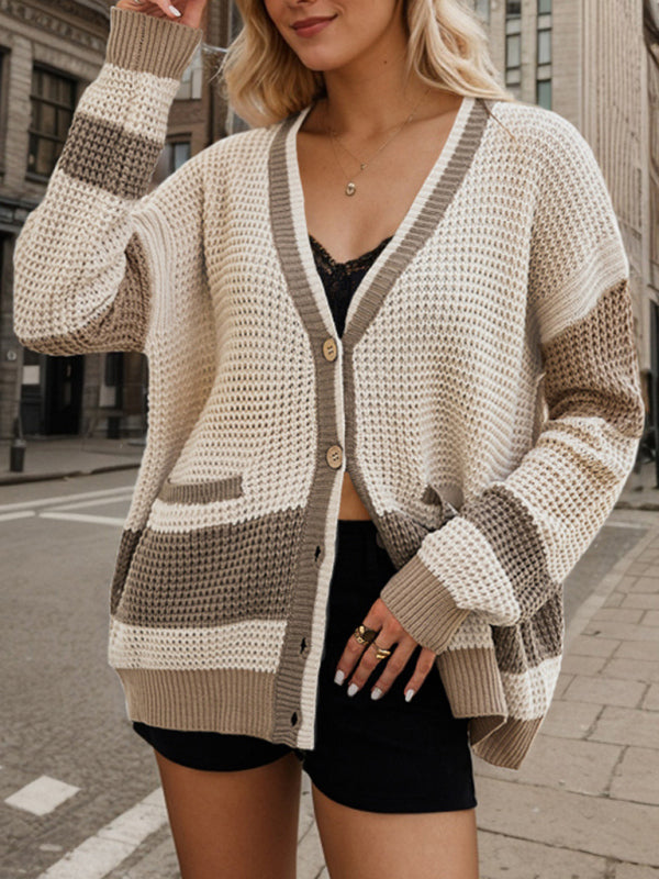 Knitted Jacket V-Neck Large Size Pocket Colorblock Cardigan Sweater