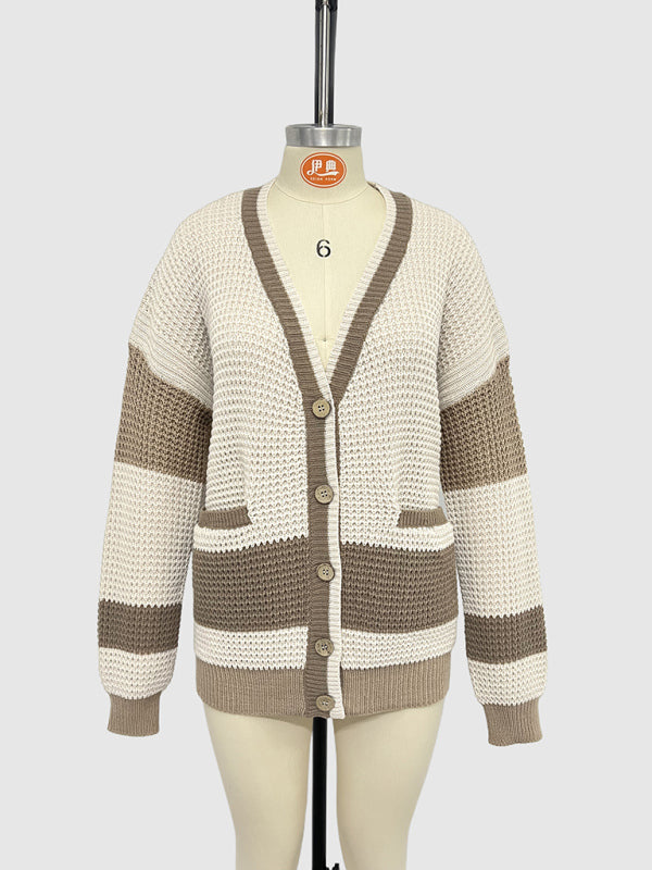 Knitted Jacket V-Neck Large Size Pocket Colorblock Cardigan Sweater