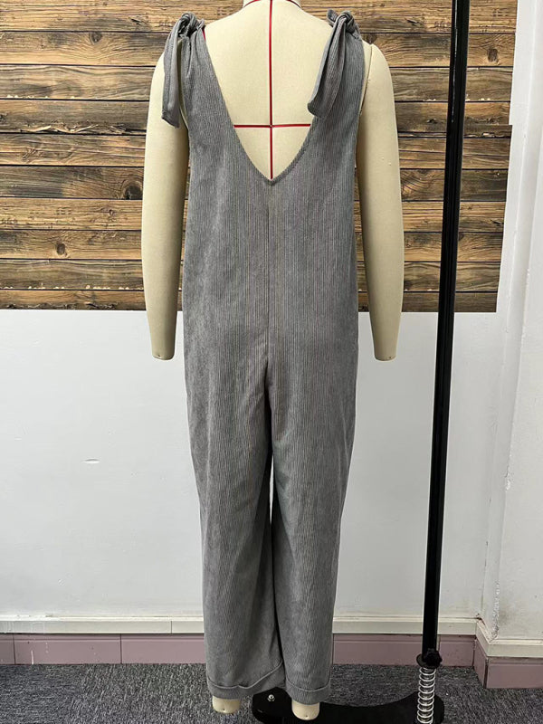 New solid color V-neck sleeveless casual loose straight wide-leg jumpsuit