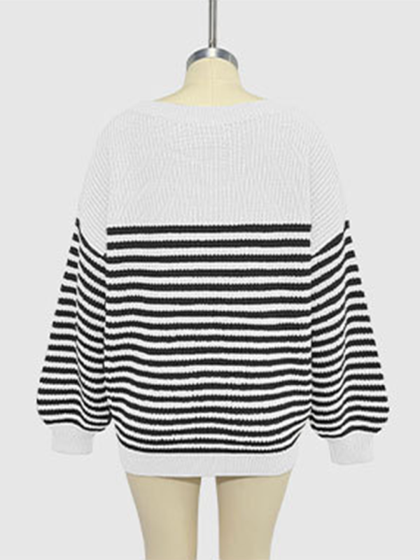 Fashion striped color block knitted long sleeve round neck sweater