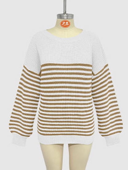 Fashion striped color block knitted long sleeve round neck sweater