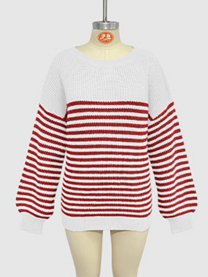 Fashion striped color block knitted long sleeve round neck sweater