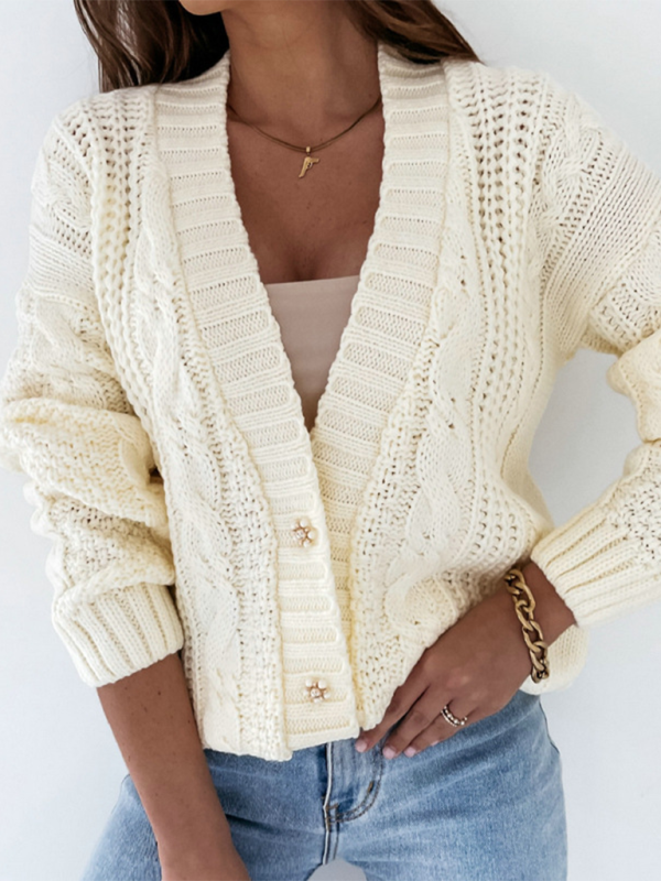 New Casual Sweater Jacket V-Neck Button Cable Knit Cardigan