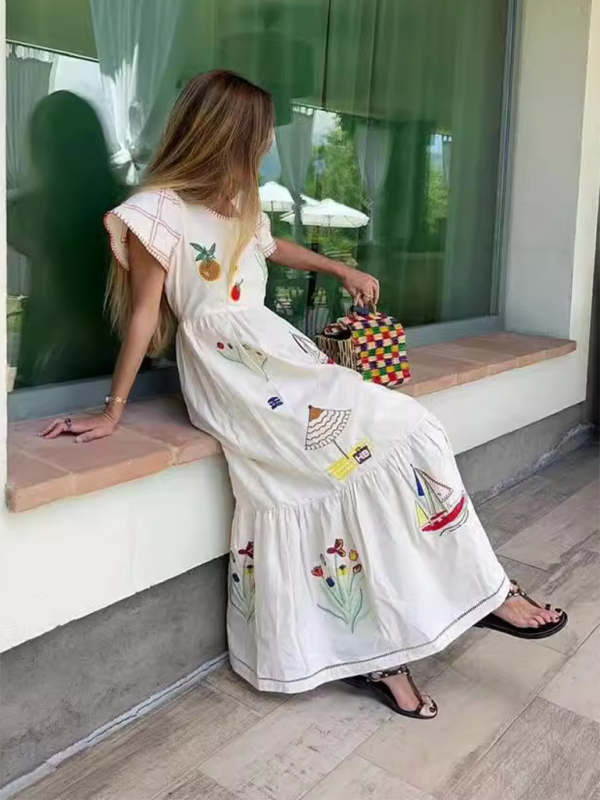 New round neck short sleeve long fashion print long dress