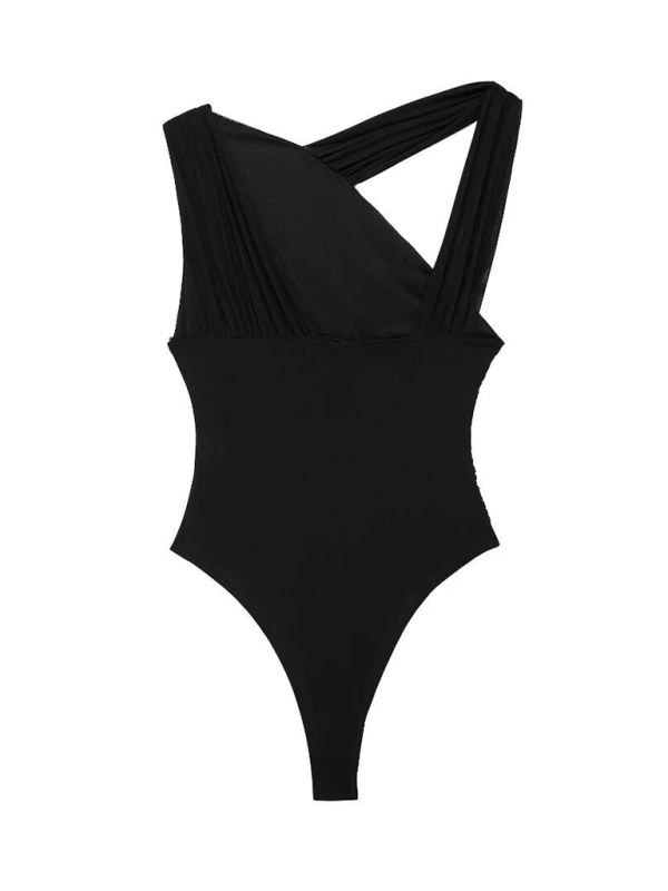 New asymmetric pleated tulle bodysuit