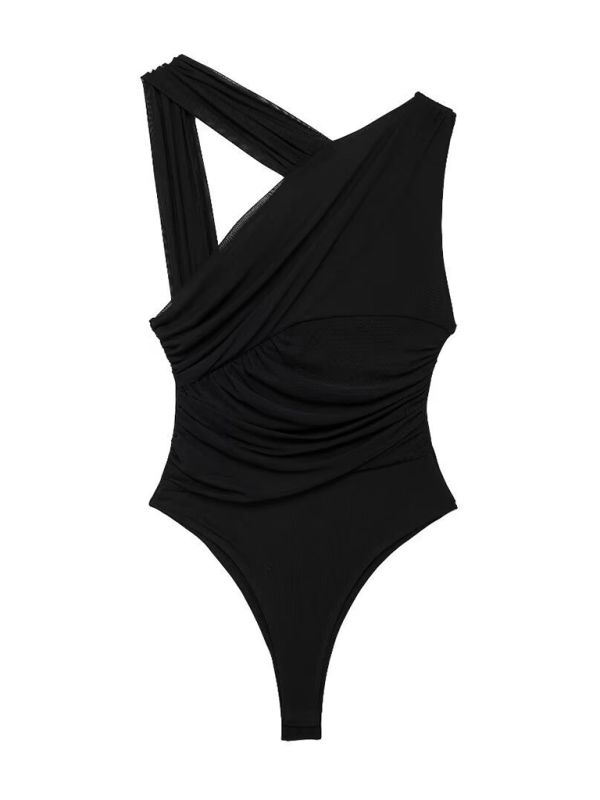 New asymmetric pleated tulle bodysuit