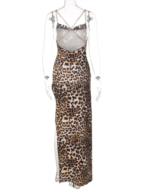 New Fashion Leopard Print Slim Backless Chain Strap Midi Dress