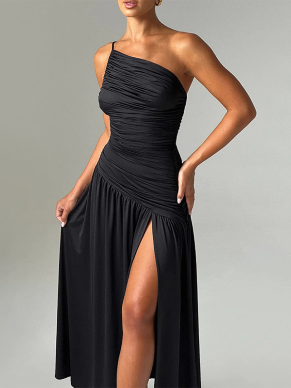 Strapless off-shoulder gathered slit A-line dress