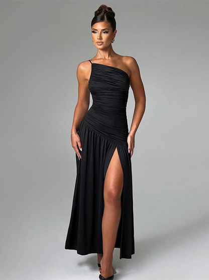 Strapless off-shoulder gathered slit A-line dress