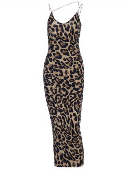 Suspender Sleeveless V-neck Leopard Snake Print Dress Fashion Sexy Midi Dress