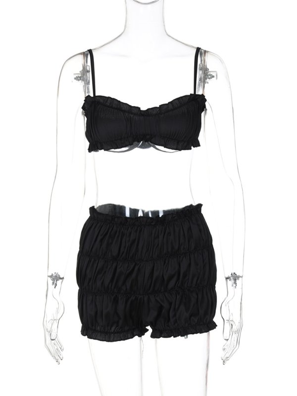 Fashionable sexy suspender tube top slim fit pleated shorts suit