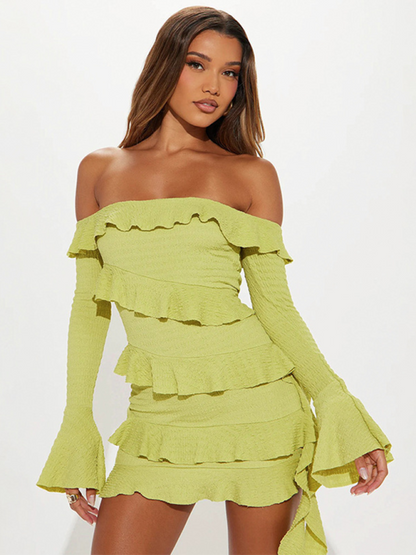 One-shoulder ruffled trumpet sleeve ribbon dress