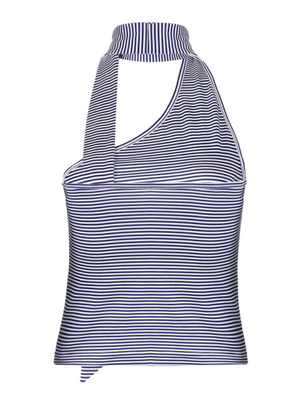 Slant collar irregular halter neck striped vest