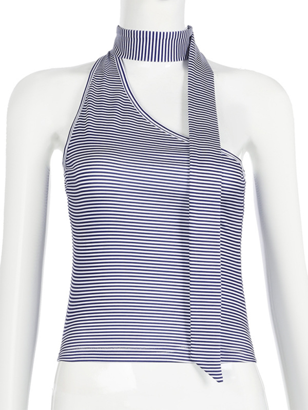 Slant collar irregular halter neck striped vest