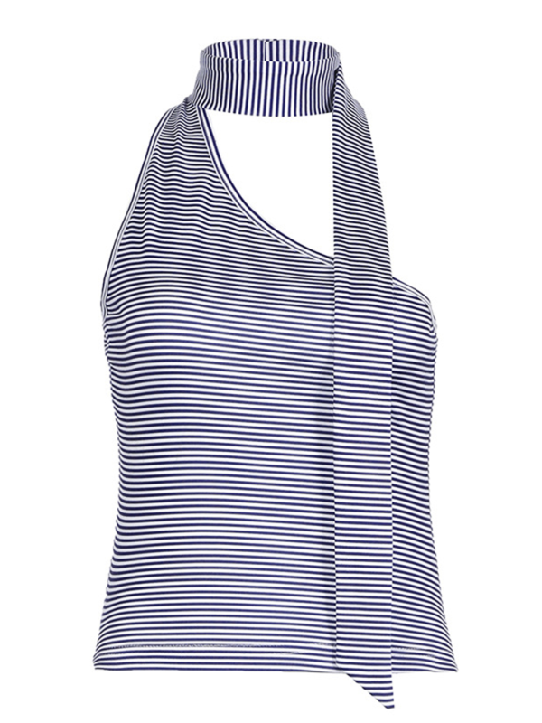 Slant collar irregular halter neck striped vest