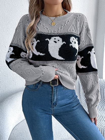 Halloween Themed Spooky Clashing Color Knit Long Sleeve Pullover Sweater