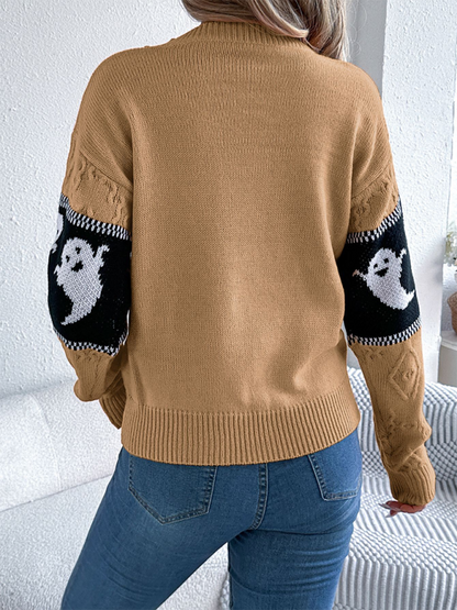 Halloween Themed Spooky Clashing Color Knit Long Sleeve Pullover Sweater