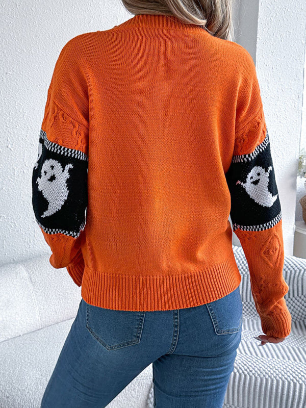 Halloween Themed Spooky Clashing Color Knit Long Sleeve Pullover Sweater