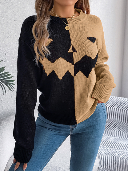 Halloween Spooky Pumpkin Clashing Color Knit Long Sleeve Pullover Sweater