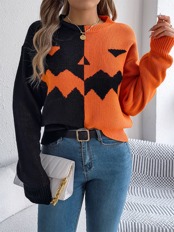 Halloween Spooky Pumpkin Clashing Color Knit Long Sleeve Pullover Sweater