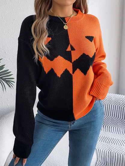 Halloween Spooky Pumpkin Clashing Color Knit Long Sleeve Pullover Sweater