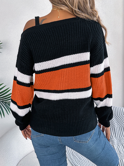 Casual Clashing Stripes Lantern Sleeve Metal Button Off Shoulder Pullover Sweater