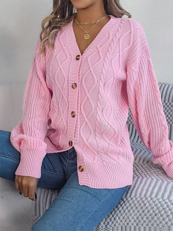 Casual V-neck Lantern Sleeve Twist Button Knit Cardigan Sweater Jacket