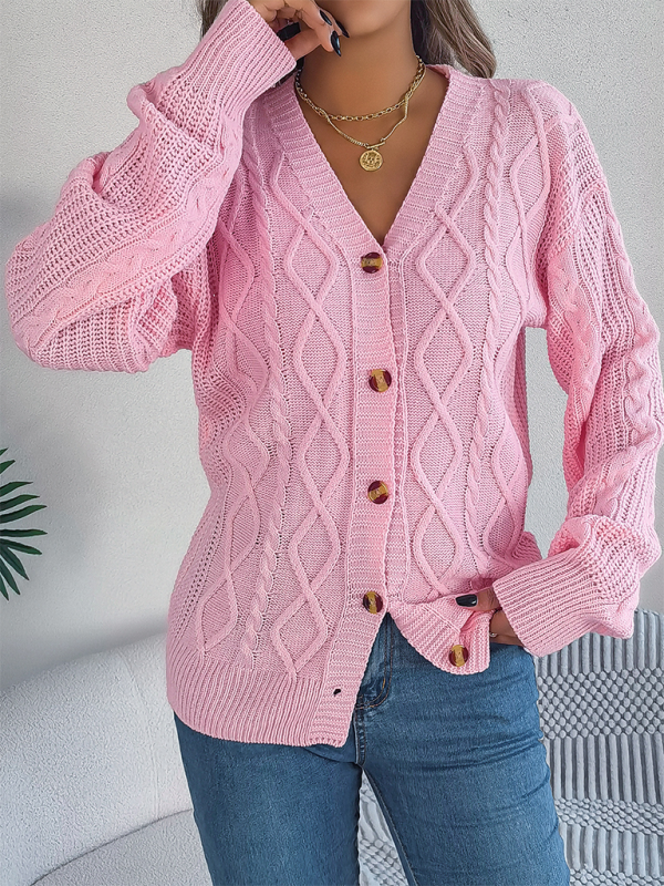 Casual V-neck Lantern Sleeve Twist Button Knit Cardigan Sweater Jacket