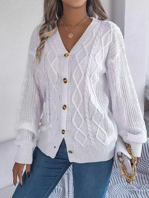 Casual V-neck Lantern Sleeve Twist Button Knit Cardigan Sweater Jacket