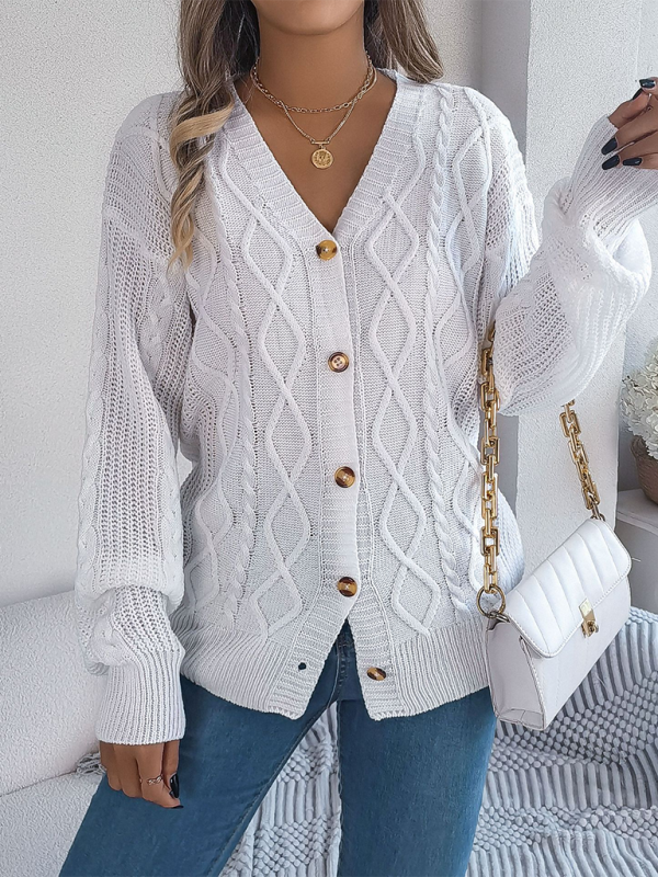 Casual V-neck Lantern Sleeve Twist Button Knit Cardigan Sweater Jacket