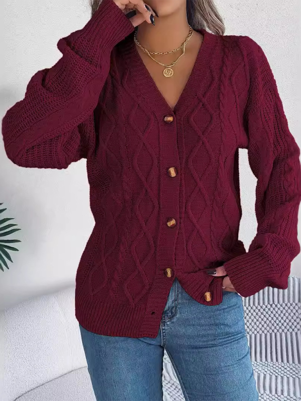 Casual V-neck Lantern Sleeve Twist Button Knit Cardigan Sweater Jacket