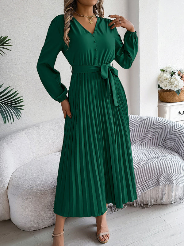 Elegant V-neck Button Tie Hem Pleated Long Dress Dresses