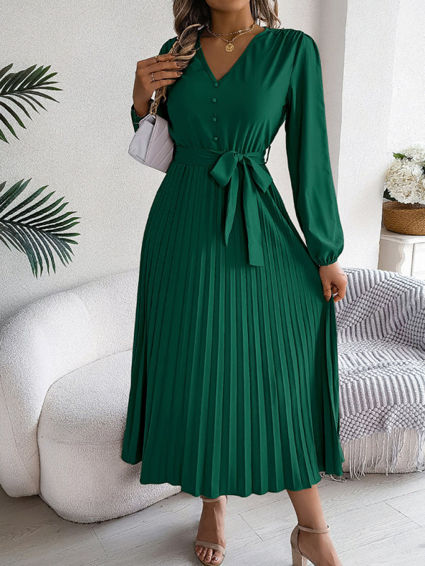 Elegant V-neck Button Tie Hem Pleated Long Dress Dresses