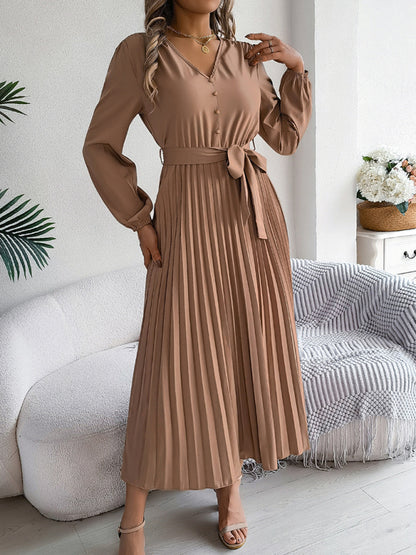 Elegant V-neck Button Tie Hem Pleated Long Dress Dresses