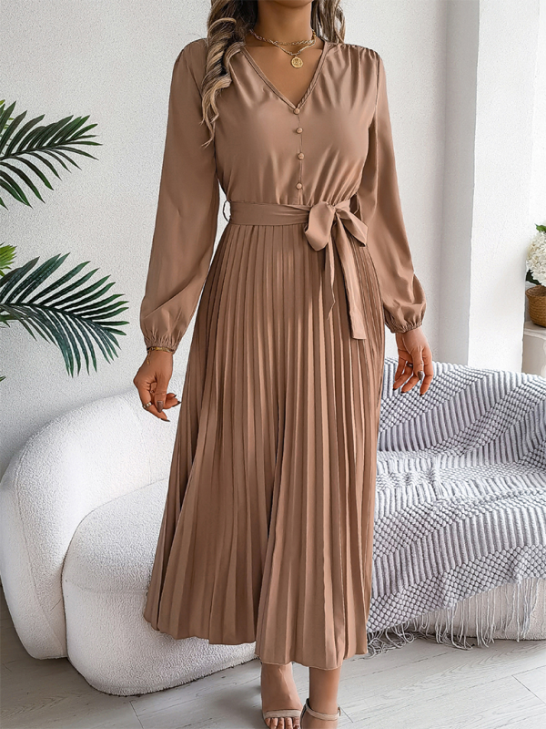 Elegant V-neck Button Tie Hem Pleated Long Dress Dresses