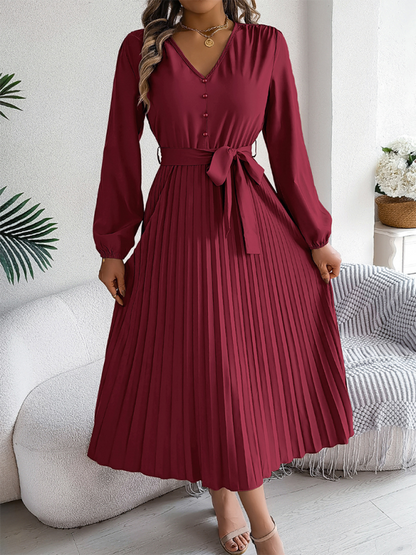 Elegant V-neck Button Tie Hem Pleated Long Dress Dresses