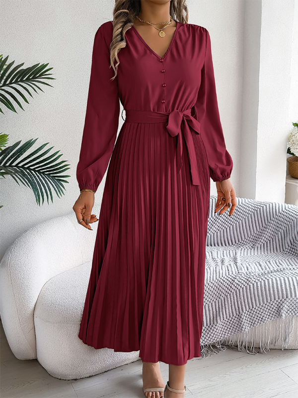 Elegant V-neck Button Tie Hem Pleated Long Dress Dresses